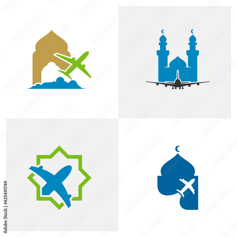 Set of Mosque with Plane logo design vector illustration, Creative Islamic logo design concept template, symbols icons Set of Mosque with Plane logo design vector illustration, Creative Islamic logo design concept template, symbols icons