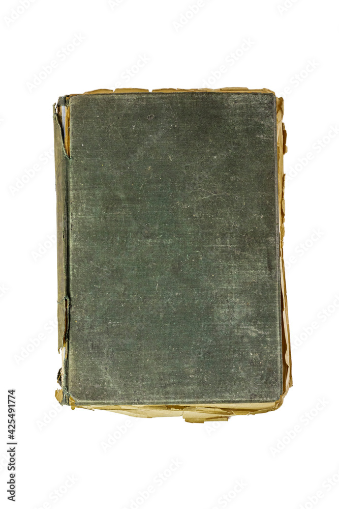 Old damaged book isolated on white background. Top view
