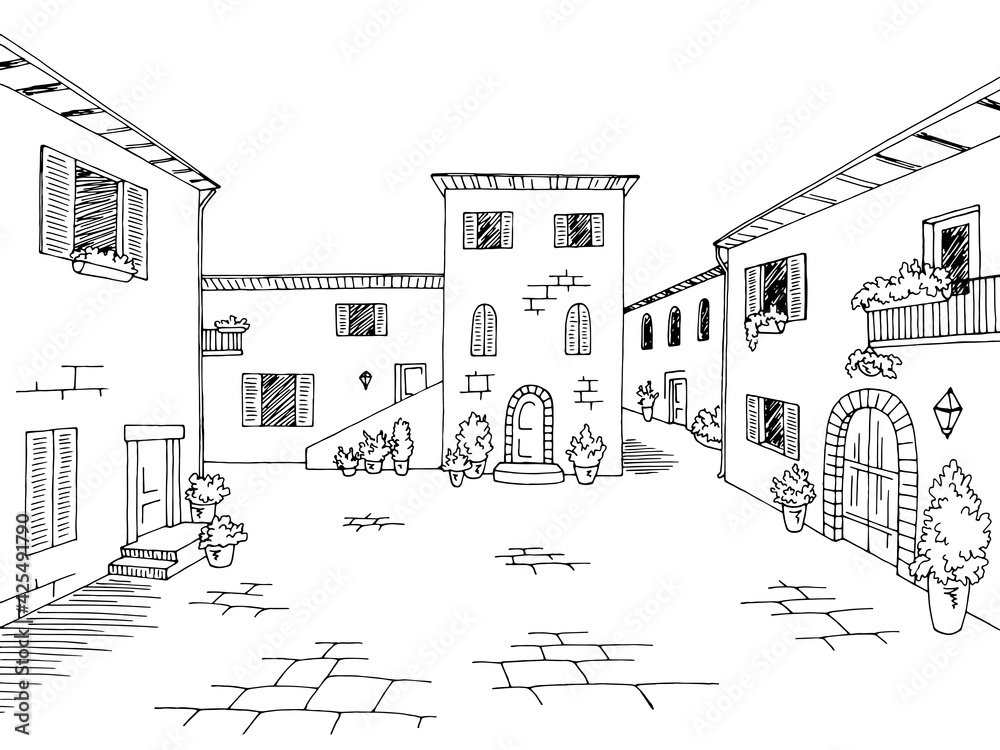 Old town square street graphic black white town landscape sketch illustration vector