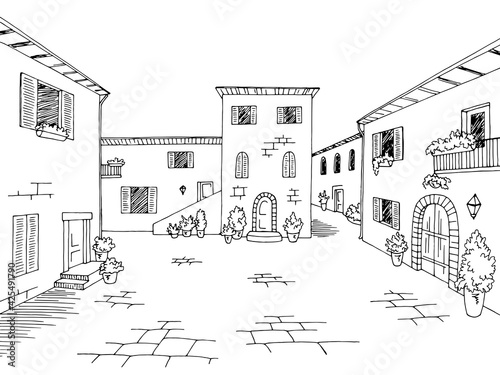 Old town square street graphic black white town landscape sketch illustration vector