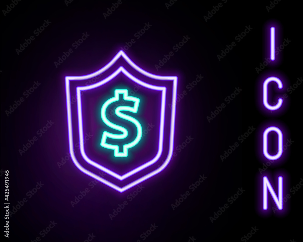 Glowing neon line Shield with dollar symbol icon isolated on black background. Security shield protection. Money security concept. Colorful outline concept. Vector Glowing neon line Shield with dollar symbol icon isolated on black background. Security shield protection. Money security concept. Colorful outline concept. Vector