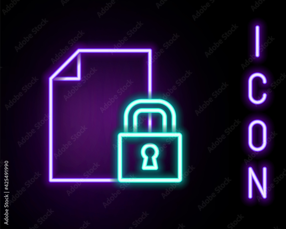 Glowing neon line Document and lock icon isolated on black background. File format and padlock. Security, safety, protection concept. Colorful outline concept. Vector Glowing neon line Document and lock icon isolated on black background. File format and padlock. Security, safety, protection concept. Colorful outline concept. Vector
