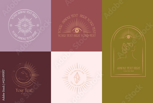 Collection of mystical linear logos, symbols, icons design template. Editable vector illustration.