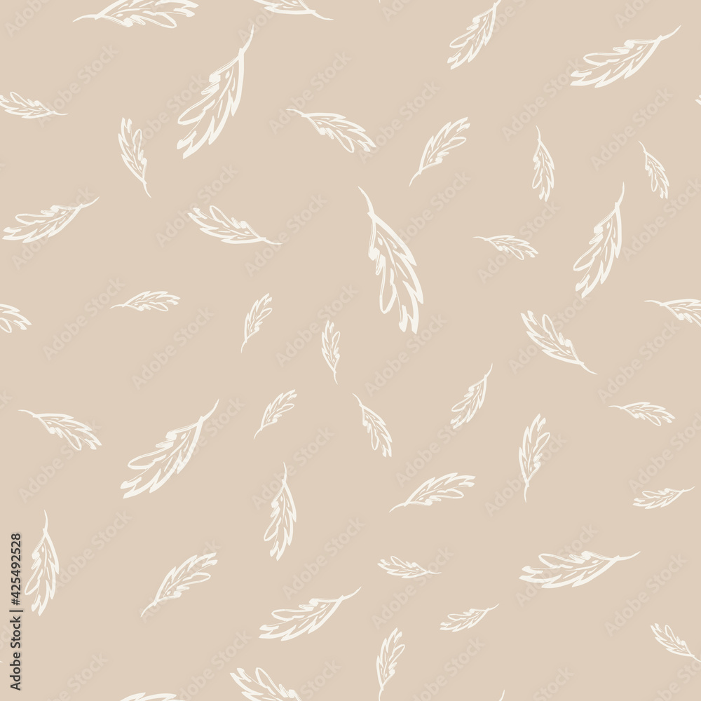 Hand-drawn floral background. Vector seamless pattern in doodle style. White leaves on a beige background. Hand-drawn floral background. Vector seamless pattern in doodle style. White leaves on a beige background.