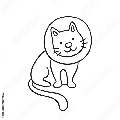 Cat with a neck brace doodle icon. Sick cat with medical collar. Hand drawn isolated vector illustration on white background