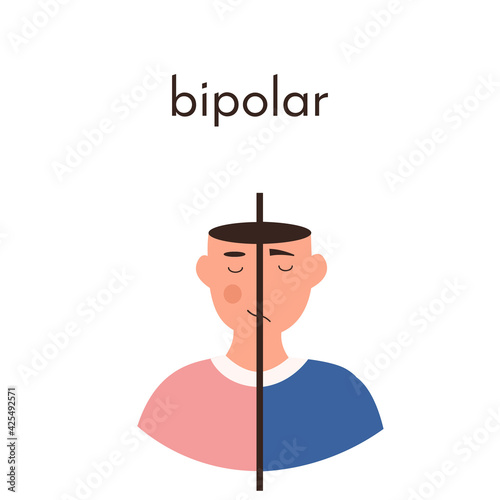 Split face double personality bipolar disorder. Male character with mental health problems. Sad depressed and happy joyous mood change. Vector flat illustration of schizophrenia disease.