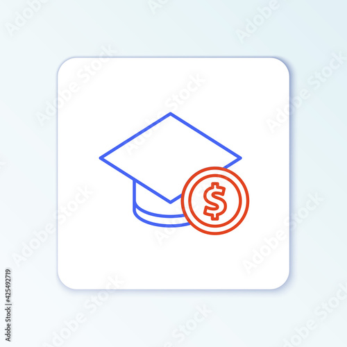 Line Graduation cap and coin icon isolated on white background. Education and money. Concept of scholarship cost or loan, tuition or study fee. Colorful outline concept. Vector
