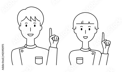 検査着を着て指差しで説明をする男女のベクターイラスト