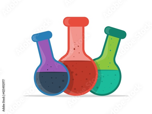 Three large flasks with multi-colored liquids on a white background. Vector illustration in a flat style.