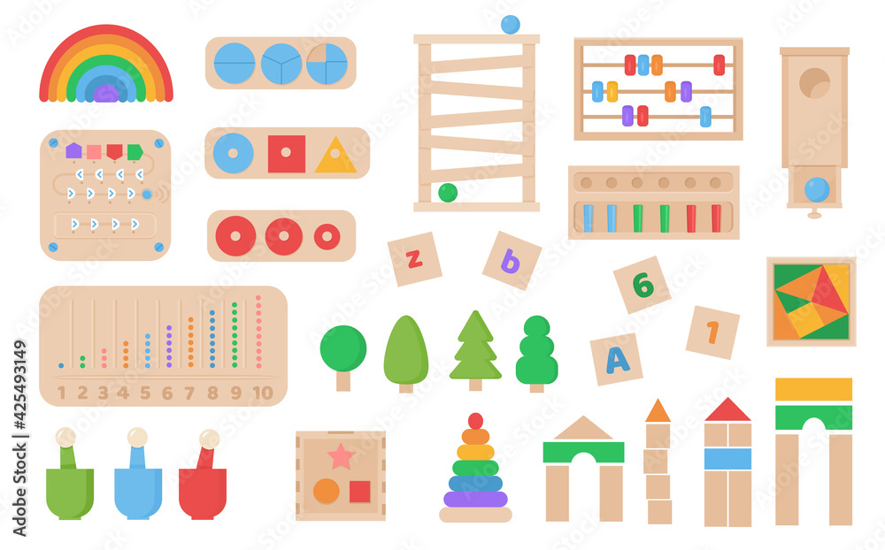 Vector Set of Montessori games. Children wooden eco friendly logic toys for preschool kids. Playthings for baby development. Collection of various element for entertainment and educational games.