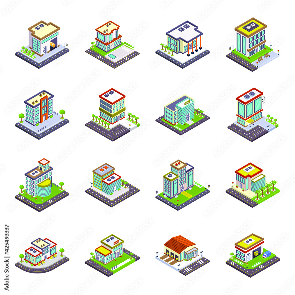 Pack of Commercial Buildings Isometric Icons
Pack of Commercial Buildings Isometric Icons