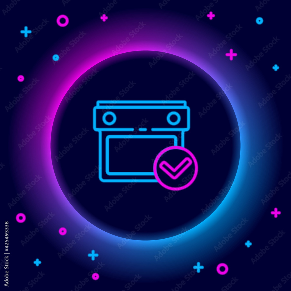 Glowing neon line Calendar with check mark icon isolated on black background. Colorful outline concept. Vector Glowing neon line Calendar with check mark icon isolated on black background. Colorful outline concept. Vector