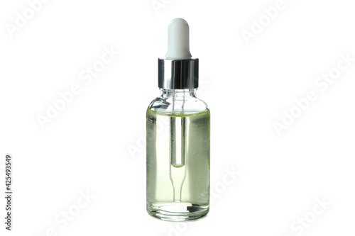 Eucalyptus essential oil in dropper bottle isolated on white background