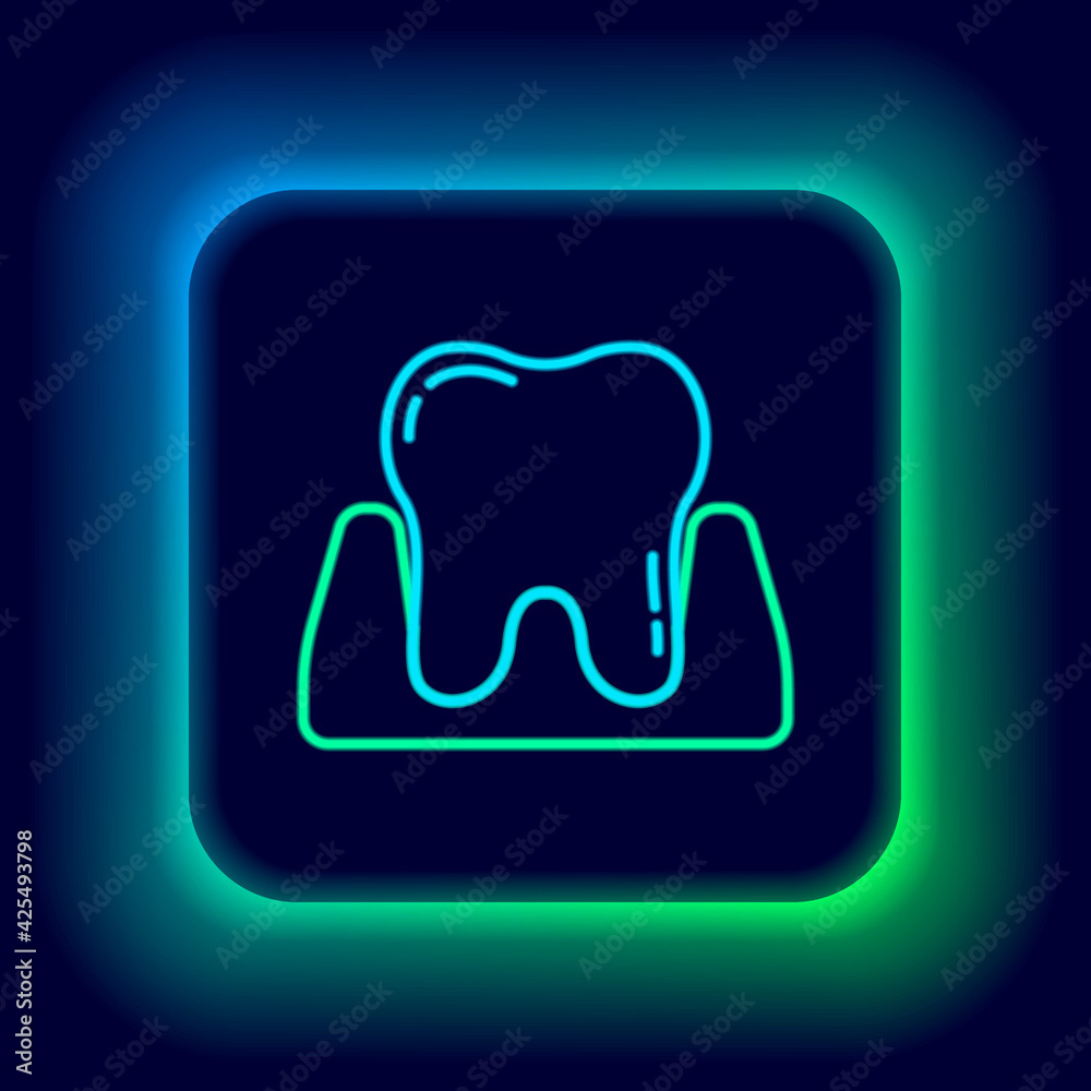 Glowing neon line Tooth icon isolated on black background. Tooth symbol for dentistry clinic or dentist medical center and toothpaste package. Colorful outline concept. Vector Glowing neon line Tooth icon isolated on black background. Tooth symbol for dentistry clinic or dentist medical center and toothpaste package. Colorful outline concept. Vector