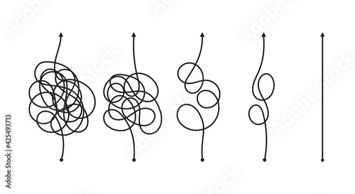 Chaos simplifying, problem solving and business solution searching challenge concept vector illustration set. Complex and easy simple way from start to end. Hand drawn doodle scribble chaos path lines