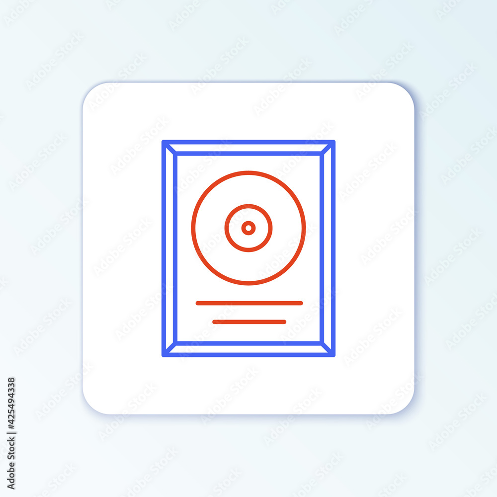 Line CD disk award in frame icon isolated on white background. Modern ceremony. Best seller. Musical trophy. Colorful outline concept. Vector Line CD disk award in frame icon isolated on white background. Modern ceremony. Best seller. Musical trophy. Colorful outline concept. Vector