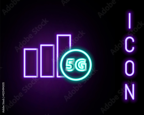Glowing neon line 5G new wireless internet wifi connection icon isolated on black background. Global network high speed connection data rate technology. Colorful outline concept. Vector