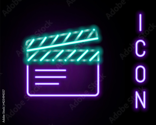 Glowing neon line Movie clapper icon isolated on black background. Film clapper board. Clapperboard sign. Cinema production or media industry. Colorful outline concept. Vector