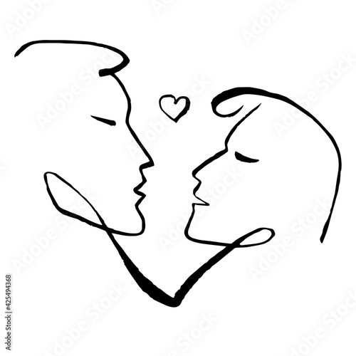 Abstract face line art. Passion couple and kissing man and women illustration.Girl Boho modern fashion design