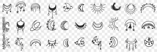 Moons as accessories doodle set. Collection of hand drawn elegant moons and stars as decorations and accessories for interior beauty isolated on transparent background