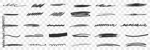 Thick and thin Scribbles lines drawings doodle set. Collection of hand drawn scribbles of various patterns and thickness lines geometrical shapes isolated on transparent background