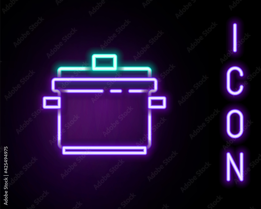 Glowing neon line Cooking pot icon isolated on black background. Boil or stew food symbol. Colorful outline concept. Vector Glowing neon line Cooking pot icon isolated on black background. Boil or stew food symbol. Colorful outline concept. Vector