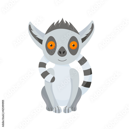 A happy grey lemur sits and hugs itself with its fluffy tail. Cute baby animal in cartoon style. Vector illustration  isolated color elements on a white background