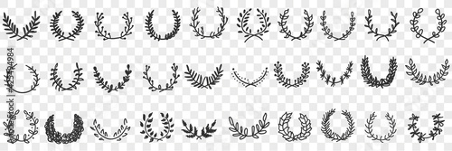 Natural leaves ornament and wreath doodle set. Collection of hand drawn elegant natural semicircle patterns wreaths ornaments for awards or interior decorations isolated on transparent background
