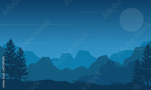A panoramic view of the beautiful night sky with incredible mountain views. Vector illustration