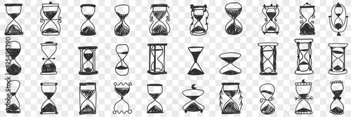 Hourglasses in rows doodle set. Collection of hand drawn various hourglasses with sand symbol of time isolated on transparent background