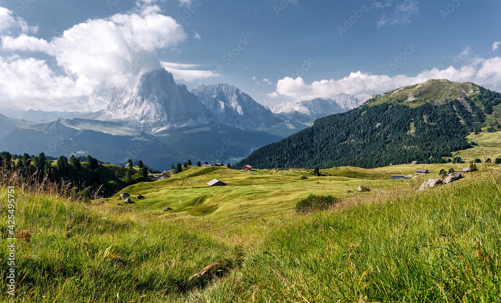 Awesome alpine highlands in summer in Dolomites Alps. Scenic image of famous Sassolungo peak. Splendid landscape in Val Gardena on a sunny day. Gorgeouse spring View of Alpine valley. Amazing summer