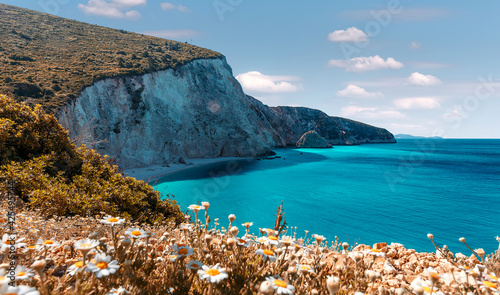 Wonderful nature view on most beautiful beaches of Greece at sunny day. Porto Katsiki in Lefkada. Ionian islands. Stunning nature landscape with flowers on background. concept ideal resting place