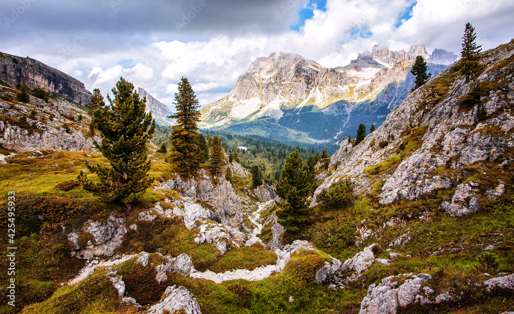 Scenic image of Stunning nature in Dolomites alps. Gorgeous artistic image in the Mountain scenery. Amazing nature scene. Travel adventure concept. Colorful Natural background.