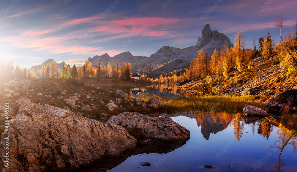 The beautiful nature landscape. Great view on Federa Lake early in the morning. The Federa lake with the Dolomites peak, Cortina D'Ampezzo, South Tyrol, Dolomites, Italy. popular travel locations