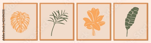 Botanical wall art collection. Exotic plants, banana, monstera leaves. Foliage line art drawing. Colorful minimal, abstract design for prints, cover, packaging, cosmetics, logo. Eco trendy style.