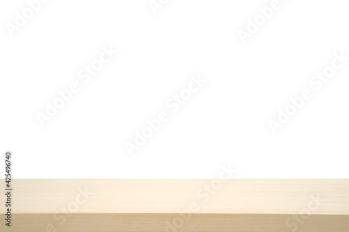 Wood table top isolated on white background. Empty white wood table desk top for product display.