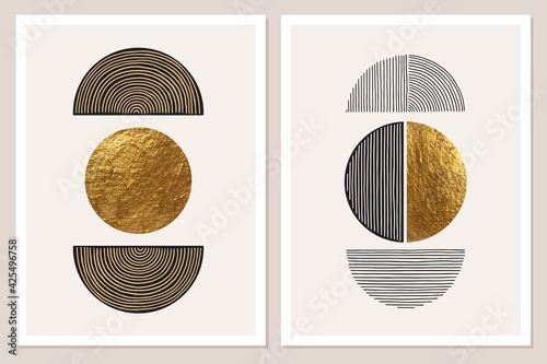 Abstract minimalist wall art composition in beige, grey, white, black colors. Simple line style. Golden geometric shapes, circles, rainbow. Modern creative hand drawn background.