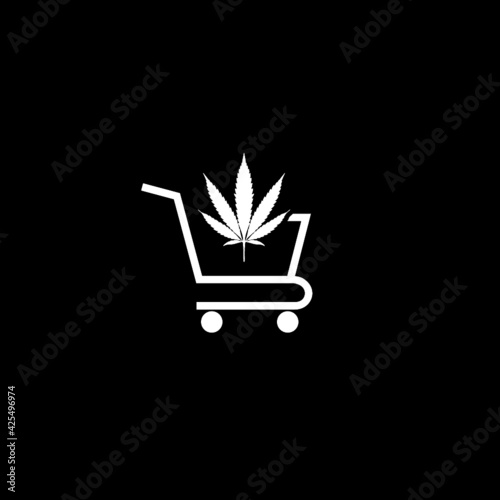 Shopping cart with marijuana or cannabis leaf icon isolated on dark background