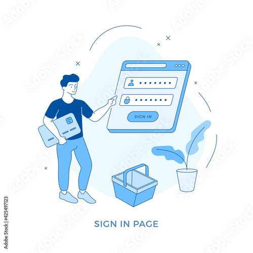 Linear flat illustration Sign in page concept. Male cartoon character standing with credit card near sign in form of online shop web application. Online store login page