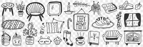 Cozy home accessories doodle set. Collection of hand drawn various furniture chairs candles picture socks knitting tea cat and plants isolated on transparent background