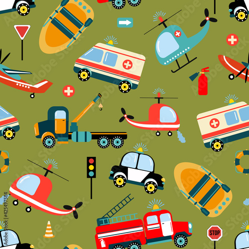 Seamless pattern with rescue vehicles, helicopter, plane, boat. Design of fabrics, textiles, wallpaper, packaging, decoration of a children's room.