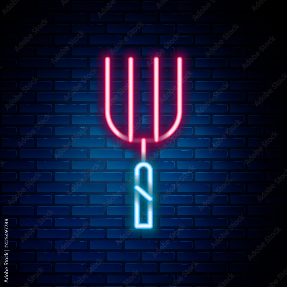 Glowing neon line Garden pitchfork icon isolated on brick wall background. Garden fork sign. Tool for horticulture, agriculture, farming. Colorful outline concept. Vector Glowing neon line Garden pitchfork icon isolated on brick wall background. Garden fork sign. Tool for horticulture, agriculture, farming. Colorful outline concept. Vector
