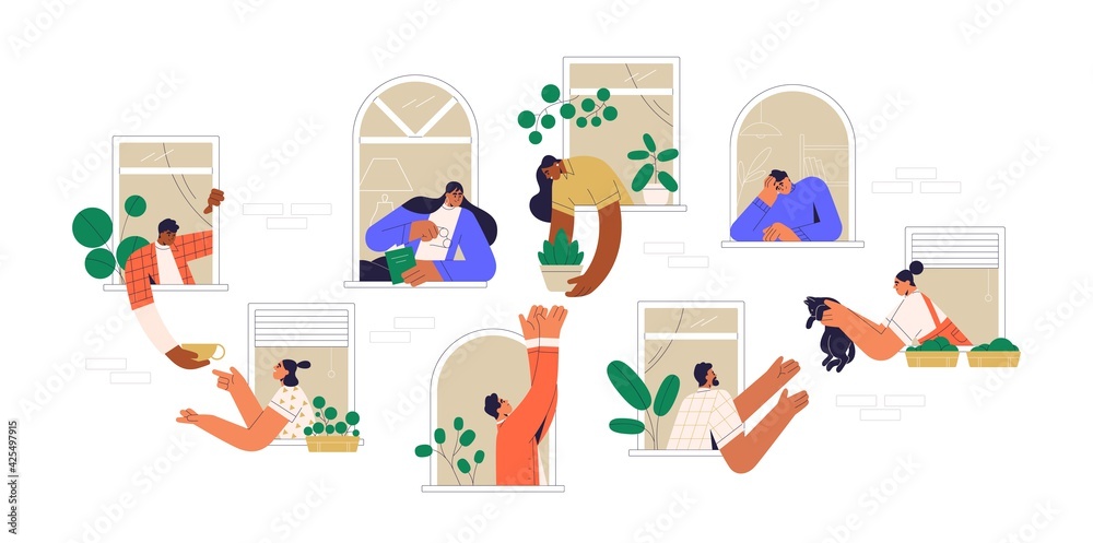 Neighbors sharing things and helping each other through open windows of house. Concept of good neighborhood, people's unity, mutual aid and support. Colored flat vector illustration isolated on white
