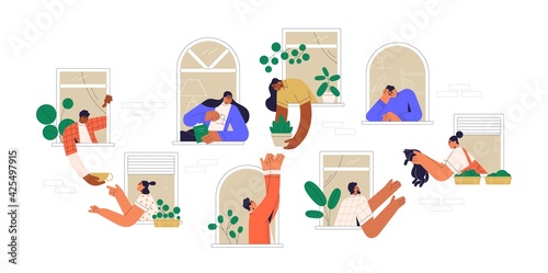 Neighbors sharing things and helping each other through open windows of house. Concept of good neighborhood, people's unity, mutual aid and support. Colored flat vector illustration isolated on white photo