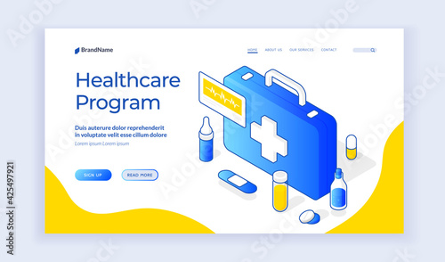 Healthcare program. Landing page website banner template. Vector isometric illustration of medical first aid kit box and various drugs. Contemporary healthcare program