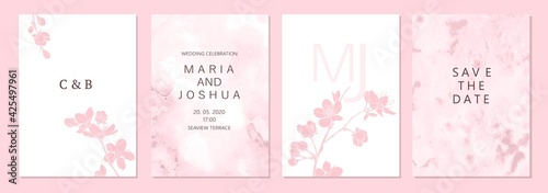 Set of spring backgrouds with sakura branch. Cherry blossoms. Design for card, wedding invitation, cover, packaging, cosmetics. Pink, blush watercolor background.