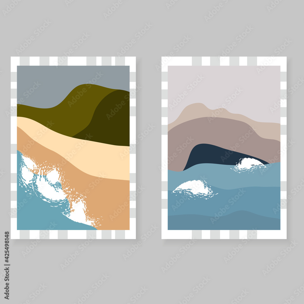 Set of posters with  minimalist landscape design. Seascape with mountains, sand, water. Modern design with art texture.