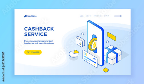 Cashback service. Landing page website banner template. Vector isometric illustration of smartphone with coin near credit card and gift box representing beneficial cashback service