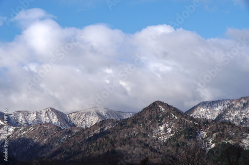 雲の浮かぶ青空と残雪の山脈。
