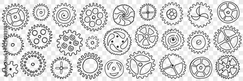 Circle gears with patterns doodle set. Collection of hand drawn various gears mechanisms with patterns and different filling industrial engineering wheels isolated on transparent background